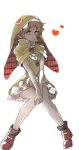  1girl breasts brown_hair capelet chamot_rosso coat frills green_eyes hat heart looking_at_viewer rokka_no_yuusha shoes short_hair smile 