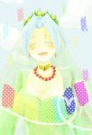  1girl aqua_hair blue_eyes blush braid breasts choker cleavage closed_eyes dress earrings grune_(tales) jewelry necklace open_mouth short_hair solo tales_of_(series) tales_of_legendia veil 