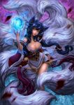  1girl ahri animal_ears bare_shoulders black_hair breasts brown_eyes cleavage energy_ball felsus female fox_ears fox_tail henry_aponte_puello large_breasts league_of_legends long_hair looking_at_viewer multiple_tails off_shoulder ponytail solo standing tail very_long_hair 