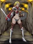  1girl armor bikini_armor blonde_hair blue_eyes breasts butcha-u female julia_(yokubou_kaiki) large_breasts long_hair looking_at_viewer shield solo sword thigh_boots very_long_hair warrior weapon yokubou_kaiki_dai_244_shou 