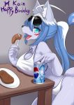  1girl artist_request blue_eyes blue_hair dog eating english furry long_hair open_mouth ponytail soda solo tongue 
