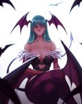  1girl aqua_hair bare_shoulders bat_print bat_wings breasts cleavage headwings hime_cut liyart morrigan_aensland pantyhose smile solo vampire_(game) wings yellow_eyes 