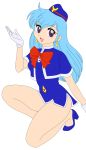  1girl 90s absurdres aqua_hair breasts dress female hat highres hips legs legs_crossed long_hair no_panties photoshop short_dress simple_background smile solo stewardess tenjouin_katsura thighs vector_trace violet_eyes yat_anshin_uchuu_ryokou 