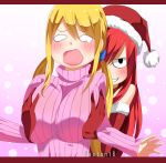  2girls blonde_hair blush breast_press breasts erza_scarlet fairy_tail gaston18 gloves hat huge_breasts large_breasts lucy_heartfilia multiple_girls open_mouth redhead santa_costume santa_hat smile twintails 