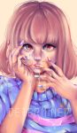  1girl brown_hair eyelashes frisk_(undertale) heart lips long_fingernails looking_at_viewer makeup messy multicolored_eyes nail_polish nose paint parted_lips short_hair simple_background solo sweater teeth undertale upper_body 