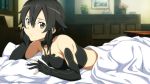  1girl bed black_eyes black_hair blanket lying official_art pillows shinon_(sao) solo sword_art_online 