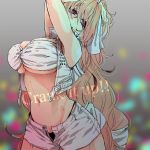  1girl aoi_kimi arched_back arms_up black_panties blonde_hair blue_eyes blurry bokeh bracelet breasts brown_hair cleavage curvy dancing depth_of_field female hair_ribbon hands_in_hair hjm huge_breasts jewelry kyoukaisenjou_no_horizon large_breasts long_hair looking_at_viewer mary_stuart micro_panties midriff navel open_clothes open_fly open_vest panties pantyshot pantyshot_(standing) ribbon short_shorts shorts sleeveless smile solo standing strapless tubetop under_boob underwear unzipped very_long_hair vest violet_eyes white_background wide_hips 