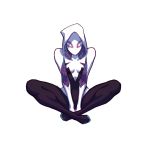  1girl bodysuit full_body gwen_stacy hood indian_style liyart looking_at_viewer marvel mask simple_background sitting solo spandex spider-gwen spider-man_(series) v_arms white_background 