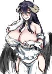  1girl 774_(nanashi) albedo black_hair blush breasts cleavage dress female gloves grin horns huge_breasts long_hair looking_at_viewer naughty_face overlord_(maruyama) smile solo thick_thighs wide_hips wings yellow_eyes 