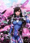  1girl bodysuit brown_hair cherry_blossoms d.va_(overwatch) digiflohw facial_mark gun headphones long_hair looking_at_viewer mecha overwatch petals rabbit scenery smile solo tree v weapon 