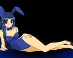  1girl animal_ears asakura_ryouko bare_legs blue_eyes blue_hair breasts bunnysuit cleavage long_hair looking_at_viewer lying on_side rabbit_ears smile solo suzumiya_haruhi_no_yuuutsu 