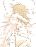  1boy 1girl bare_shoulders bed camisole from_side hug lying on_bed on_side pillow rui_(tsukihana) sketch sleeping 