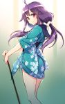  1girl ahoge an2a blush female japanese_clothes kantai_collection kimono long_hair pink_eyes purple_hair smile staff taigei_(kantai_collection) twintails 