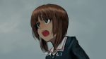  1girl blurry brown_eyes brown_hair commentary female girls_und_panzer gradient gradient_background hettsuaa highres nishizumi_miho open_mouth outdoors short_hair sketch sky solo translated uniform upper_body worried 