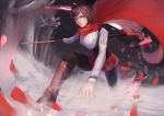  1girl forest nature night petals rose_petals ruby_rose rwby scythe snow solo 
