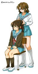  2girls black_socks blue_sailor_collar blue_skirt brown_cardigan brown_hair cardigan chair closed_eyes closed_mouth collarbone fully_genderswapped_group genderswap genderswap_(mtf) hair_tie highres holding holding_hair_tie kita_high_school_uniform kneehighs knees koizumi_itsuki_(female) kyonko long_hair long_sleeves medium_hair multiple_girls on_chair open_cardigan open_clothes ponytail red_ribbon ribbon sailor_collar school_chair school_uniform serafuku shoes sitting skirt smile socks standing suzumiya_haruhi_no_yuuutsu tying_another's_hair uwabaki white_shoes white_socks winter_uniform wonderlandkikyo 