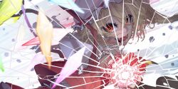  1girl blonde_hair broken collared_shirt commentary crystal crystal_wings fangs flandre_scarlet frilled_shirt_collar frills hat highres i-pan looking_at_viewer magic_circle mob_cap multicolored_wings one_side_up open_mouth red_eyes red_skirt red_vest shirt skirt skirt_set smile solo touhou vest white_hat white_shirt wings 