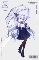  1girl bare_shoulders black_pantyhose blonde_hair blush boots bow bowtie breasts commentary_request expressionless fate/grand_order fate_(series) full_body grey_hair hair_bun high-waist_skirt highres holding holding_umbrella hoodier jacket long_hair looking_at_viewer melusine_(fate) off_shoulder open_clothes open_jacket pantyhose shirt skirt sleeveless sleeveless_shirt small_breasts solo umbrella very_long_hair 