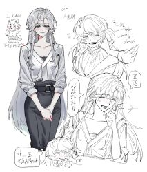  2girls belt belt_buckle black_belt blue_eyes blush breasts buckle cheek_pinching clenched_hand closed_eyes closed_mouth commentary_request curtained_hair earrings frilled_shirt_collar frills grey_hair hand_up highres hoop_earrings iris_wen jewelry korean_commentary korean_text laughing long_hair long_sleeves love_curse:_find_your_soulmate multiple_girls one_eye_closed open_mouth pinching selene_yan short_side_ponytail side_ponytail smile speech_bubble teeth thought_bubble translation_request tthhdddd upper_teeth_only white_background 