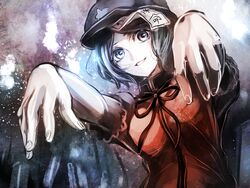  1girl bad_id beret black_hair graveyard grey_eyes hat jan_(artist) jan_(lightdragoon) jiangshi looking_at_viewer miyako_yoshika ofuda outstretched_arms shirt smile solo star touhou zombie_pose 