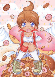  1girl 2000s_(style) asahina_aoi bandaid bandaid_on_knee bandaid_on_leg blue_eyes blush breasts brown_hair chu-chuns clouds danganronpa:_trigger_happy_havoc danganronpa_(series) dark-skinned_female dark_skin dessert doughnut food food_in_mouth green_shoes gym_shorts hair_ornament hairclip high_ponytail highres jacket medium_breasts pink_background ponytail red_jacket shirt shoes shorts signature sitting sneakers socks sprinkles whipped_cream white_shirt white_socks 