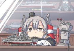  1girl amatsukaze_(kancolle) black_dress brown_eyes commentary_request desk doll dress english_text figure gloves grey_hair hachidori_(ippatsuya) hair_tubes hat kantai_collection mini_hat model_ship rensouhou-kun sailor_collar sailor_dress smokestack_hair_ornament solo two_side_up upper_body white_gloves white_sailor_collar 