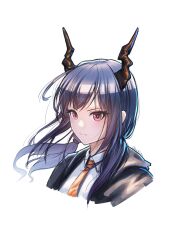  1girl arknights artist_name black_jacket ch'en_(arknights) closed_mouth collared_shirt commentary cropped_shoulders english_commentary highres horns jacket long_hair looking_at_viewer necktie okukin_07 orange_necktie pink_eyes purple_hair shirt simple_background solo split_mouth white_background white_shirt 