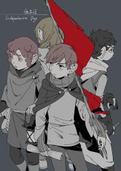  absurdres boots cape chilchuck_tims dandan_(dungeon_meshi) dungeon_meshi flag gloves halfling highres holding holding_flag holding_scroll hood hooded_cape large_ears long_sleeves muted_colors neck_warmer pants partially_fingerless_gloves red_flag ribbed_shirt scroll shirt tunic wh00oa 