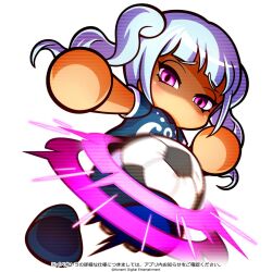  1girl artist_request asaka_shinki ball blue_shirt blue_shoes commentary_request copyright_notice drill_hair empty_eyes jikkyou_powerful_pro_yakyuu jikkyou_powerful_pro_yakyuu_(style) jikkyou_powerful_soccer kicking long_hair no_mouth official_art pink_eyes rayman_limbs shaded_face shirt shoes short_sleeves soccer_ball soccer_uniform solo sportswear translation_request twin_drills white_background 