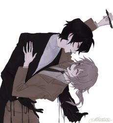  2boys ^_^ arm_up arms_around_another's_back astroinsidel black_gloves black_hair black_jacket black_necktie brown_suit charles_eyler closed_eyes collared_shirt commentary cowboy_shot gloves grey_hair grey_shirt grin hair_between_eyes hand_on_another's_shoulder hand_up hello_charlotte highres holding holding_pen jacket laughing leaning_back leaning_forward long_sleeves looking_at_another melting multiple_boys necktie parted_lips pen ponytail shirt short_hair simple_background smile striped_clothes striped_shirt suit turtleneck turtleneck_shirt twitter_username vertical-striped_clothes vertical-striped_shirt vincent_wordsworth white_background white_shirt yellow_eyes 