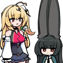  2girls ahoge animal animal_ears bare_shoulders black_dress black_hair black_necktie blonde_hair blunt_bangs breasts cissia_(zenless_zone_zero) closed_mouth comically_large_ears commentary_request detached_sleeves dress fangs fox_ears fox_girl hair_ornament height_difference highres hoshimi_miyabi jitome large_breasts long_hair looking_at_another multiple_girls necktie open_mouth otu_(o2h2_oh4) red_eyes serious shirt short_dress simple_background skirt sleeveless sleeveless_dress snake snake_girl snake_tail tail white_background white_shirt white_snake zenless_zone_zero 