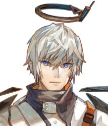  1boy arknights black_halo blue_eyes closed_mouth executor_(arknights) hair_between_eyes halo high_collar highres jacket liangban_xiexu looking_at_viewer male_focus mechanical_halo portrait short_hair simple_background solo tsurime white_background white_hair white_jacket 