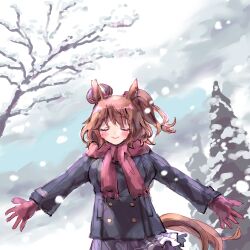  1girl animal_ears aston_machan_(umamusume) blue_coat blush breasts brown_hair buttons closed_eyes closed_mouth coat crown double-breasted gloves hair_between_eyes highres horse_ears horse_girl horse_tail large_breasts long_sleeves mini_crown outdoors pink_gloves pink_scarf purple_serafuku purple_skirt red_scrunchie scarf school_uniform scrunchie serafuku shirt skirt smile snow snowing solo tail tracen_school_uniform tracen_winter_coat umamusume winter_clothes winter_coat winter_uniform yuki_mi_daifuku 