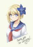  1girl blonde_hair blue_eyes character_request flower hair_flower hair_ornament pas_(paxiti) school_uniform serafuku short_hair smile solo thank_you 