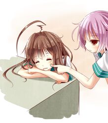  2girls ahoge brown_eyes brown_hair cheek_poking closed_eyes drooling huge_ahoge kantai_collection kuma_(kantai_collection) kurona long_hair multiple_girls poking purple_hair short_sleeves sleeping tama_(kantai_collection) 