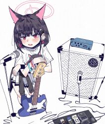  1girl amplifier animal_ears bass_guitar black_hair black_mask blue_archive blush cat_ears cat_girl clothes_around_waist colored_inner_animal_ears colored_inner_hair commentary effects_pedal extra_ears fender_jazz_bass halo holding holding_bass_guitar holding_instrument instrument jacket jacket_around_waist kazusa_(band)_(blue_archive) kazusa_(blue_archive) ken_(houndscombat) mask mask_pull microphone microphone_stand multicolored_hair official_alternate_costume open_mouth pedal_board pink_hair pink_halo print_shirt red_eyes shirt short_hair short_sleeves simple_background solo standing two-tone_hair white_background white_shirt 