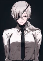  1girl :| black_background black_necktie business_suit chainsaw_man closed_mouth collared_shirt dodo_(dodobo) expressionless eyepatch hair_between_eyes highres lace-trimmed_collar lace-trimmed_eyepatch lace_trim long_hair long_sleeves necktie ponytail quanxi_(chainsaw_man) shirt simple_background solo standing suit upper_body white_hair white_shirt 