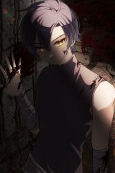  1boy bandaged_arm bandages ben-day_dots black_hair black_shirt blood blood_on_clothes blood_on_face blood_on_hand blood_splatter commentary_request double-parted_bangs eiyuu_densetsu hair_between_eyes highres joshua_bright looking_at_viewer male_focus partially_shaded_face screentones shirt short_hair sleeveless sleeveless_shirt solo sora_no_kiseki tsurime upper_body v-shaped_eyebrows yellow_eyes zer00han 