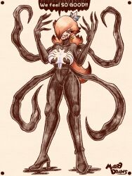  absurdres alien alternate_eye_color blonde_hair breasts corruption crossover crown dark_persona earrings evil_smile hair_over_one_eye highres jewelry long_hair marodraws marvel possessed red_eyes rosalina sharp_teeth simple_background smile spider-man_(series) super_mario_bros. super_mario_galaxy symbiote teeth tentacles venom_(marvel) very_long_hair 