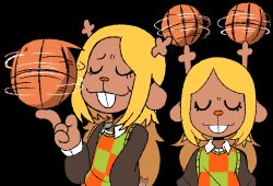  1girl :3 animal_ears antlers balancing_ball balancing_on_finger balancing_on_head ball basketball_(object) black_background blonde_hair brown_fur buck_teeth checkered_clothes checkered_sweater_vest checkered_vest closed_eyes closed_mouth collared_shirt deer_antlers deer_ears deer_girl deltarune furry furry_female highres holding holding_ball horns iluvrabbitz long_hair long_sleeves noelle_holiday on_finger red_nose reindeer_girl shirt smile smug spinning teeth two-tone_sweater_vest utdr_(toby_fox) vest 