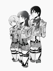  1boy 2girls armin_arlert arms_behind_back black_hair boots breasts cowboy_shot eren_yeager genderswap genderswap_(ftm) genderswap_(mtf) greyscale hair_between_eyes half_updo highres medium_breasts medium_hair mikasa_ackerman monochrome multiple_girls pants paradis_military_uniform parted_bangs scar scar_on_cheek scar_on_face scarf screentones shingeki_no_kyojin shirt short_hair suspenders thick_eyebrows white_background white_pants white_shirt wise_fully 