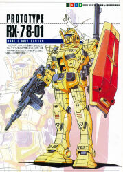  1970s_(style) 1980s_(style) beam_cannon beam_rifle commentary_request earth_federation energy_gun gundam magazine_scan mecha mecha_focus mobile_suit mobile_suit_gundam official_art ookawara_kunio prototype_gundam retro_artstyle robot scan science_fiction shield traditional_media v-fin weapon 