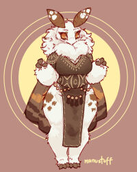  1girl antennae arm_up arthropod_girl artist_name black_dress black_fur brown_eyes brown_wings circle commentary covered_mouth dress english_commentary full_body highres insect_wings looking_at_viewer manu_(manustuff) moth_girl moth_wings multicolored_wings orange_wings original pelvic_curtain shy solo spotted_fur thick_thighs thighs two-tone_fur white_fur wide_hips wings yellow_circle yellow_trim 