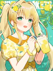  1girl :d alternate_costume aqua_background blonde_hair blush bow bracelet collarbone commentary copyright_name cup dress dress_bow drink drinking_straw earrings flower food food-themed_earrings food-themed_hair_ornament food_print fruit fruit_earrings fruit_print green_eyes green_nails hair_between_eyes hair_flower hair_intakes hair_ornament hands_up highres holding holding_cup jewelry leaf leaf_hair_ornament lemon lemon_earrings lemon_hair_ornament lemon_print lemon_slice lemonade long_hair looking_at_viewer nail_polish open_mouth orange_bow piyo_(kinkooo333) plaid_clothes plaid_dress puffy_short_sleeves puffy_sleeves short_sleeves sidelocks simple_background smile solo sparkle summer_pockets tsumugi_wenders twintails twitter_username upper_body very_long_hair white_flower x_hair_ornament yellow_dress 