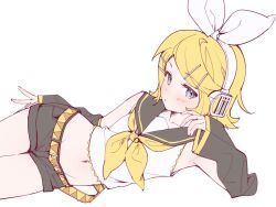  1girl black_sailor_collar black_shorts blonde_hair blue_eyes bow breasts detached_sleeves hair_bow hair_ornament hairclip headphones kagamine_rin looking_at_viewer lying midriff navel neckerchief on_side parallel_hairclips rakugaki_ningen sailor_collar shirt shorts simple_background sleeveless sleeveless_shirt small_breasts v vocaloid white_background white_bow white_shirt yellow_neckerchief yellow_trim 