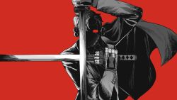  1boy absurdres arm_up cape collared_shirt commentary dual_wielding greyscale_with_colored_background guilty_gear guilty_gear_strive highres holding humanoid_robot jacket kimlambdoll lapels layered_sleeves long_sleeves male_focus necktie one_eye_covered parted_bangs parted_hair red_background robo-ky robot shirt short_hair side_cape simple_background solo straight-on suit_jacket upper_body wing_collar 