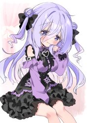  1girl amamiya_shizuku_(hizuki_yayoi) between_legs black_bow black_skirt blush bow breasts center_frills closed_mouth commentary_request curtains detached_sleeves double_bun feet_out_of_frame frills hair_between_eyes hair_bow hair_bun hand_between_own_legs heart highres hizuki_yayoi jirai_kei long_hair long_sleeves medium_breasts nervous_smile original puffy_long_sleeves puffy_sleeves purple_hair purple_shirt purple_sleeves shirt sitting skirt sleeveless sleeveless_shirt sleeves_past_wrists smile solo two_side_up very_long_hair violet_eyes wavy_mouth 