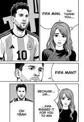 1boy 1girl 2026_fifa_world_cup argentina argentinian_national_soccer_team_uniform asociacion_de_futbol_argentina chainsaw_man comic corruption english_text fifa highres lionel_messi meme non-web_source speech_bubble text world_cup