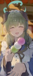  1girl absurdres animal_ears apron aqua_halo blue_archive blue_kimono blurry blurry_background closed_eyes commentary_request dango dog_ears dog_girl facing_viewer feeding_viewer floppy_ears food green_hair halo highres holding holding_skewer japanese_clothes kimono long_hair looking_at_viewer maid maid_headdress open_mouth sanshoku_dango skewer smile solo umika_(blue_archive) upper_body wa_maid wagashi white_apron yukidaruma_(yukidaru2015) 