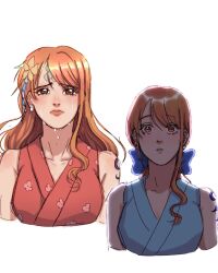  1girl bandaid bandaid_on_face bandaid_on_forehead bare_shoulders blue_bow blue_kimono blush bow breasts brown_eyes closed_mouth collarbone commentary cropped_torso crying crying_with_eyes_open earrings emaaaaaannn floral_print floral_print_kimono flower hair_bow hair_flower hair_ornament highres japanese_clothes jewelry kimono lips long_hair looking_at_viewer low_ponytail multiple_views nami_(one_piece) official_alternate_costume official_alternate_hairstyle one_piece orange_hair parted_lips pearl_earrings ponytail print_kimono red_kimono shoulder_tattoo single_sidelock sleeveless sleeveless_kimono tattoo tears upper_body wavy_hair white_background 